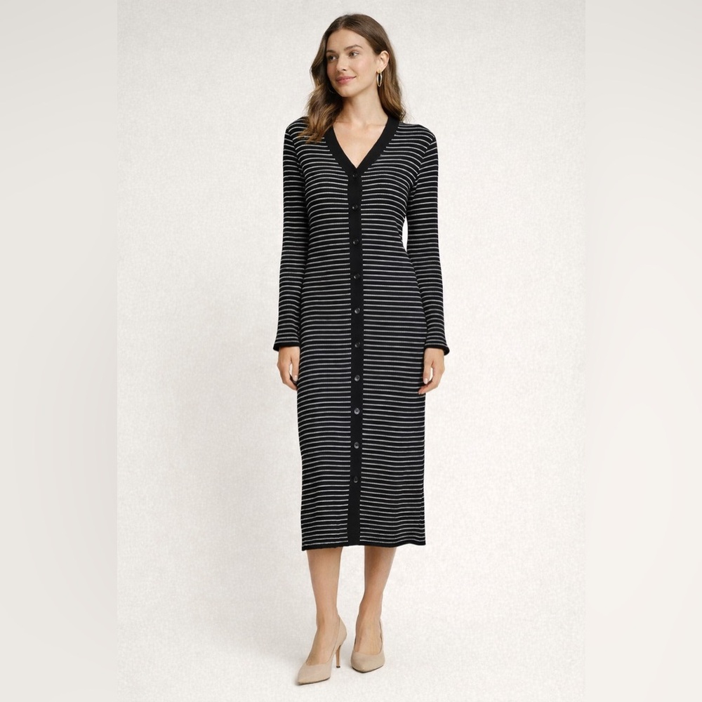 New Day Black & White Striped Ribbed Midi Dress – Size S – NWT